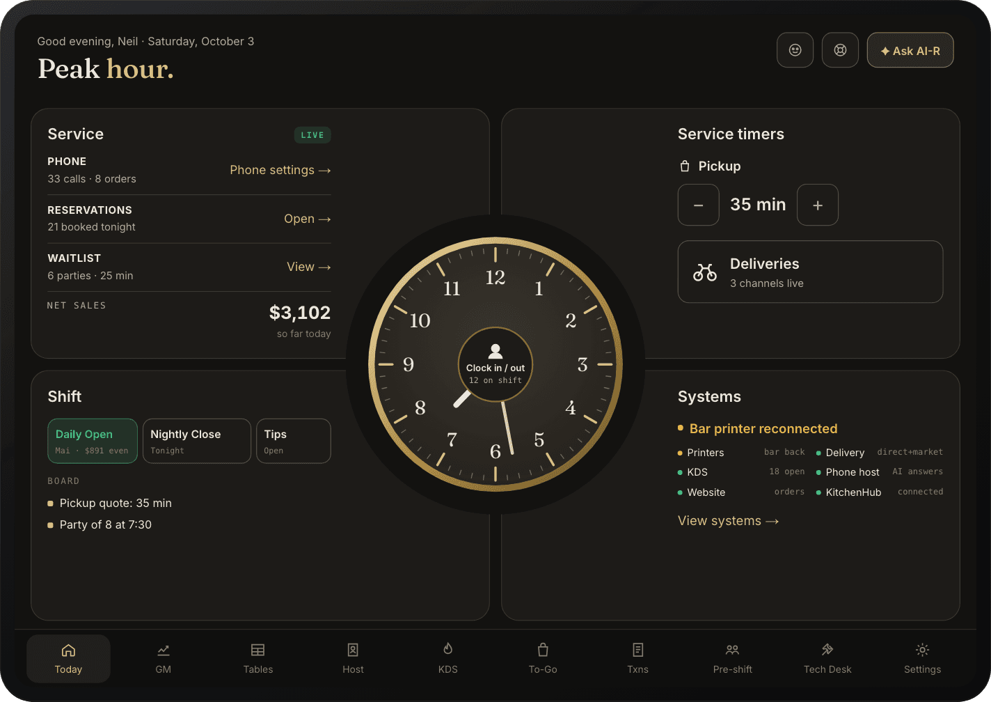 Sample iPad Today screen at 7 PM: peak hour, phone host and reservations, pickup quoted at 35 minutes, Daily Open done, and the bar printer reconnected